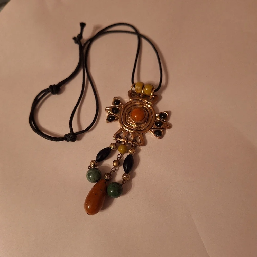 Beaded Amulet Pendant Dangle Tassel Necklace Black Corded Bohemian Must Have